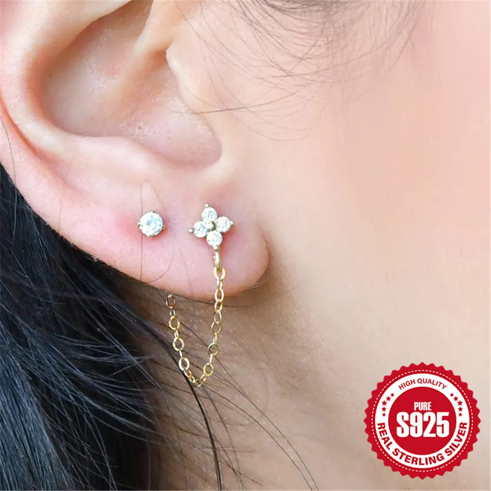 S925 sterling silver earrings with geometric flower design and tassel chain, electroplated gold finish, ear clip stud back
