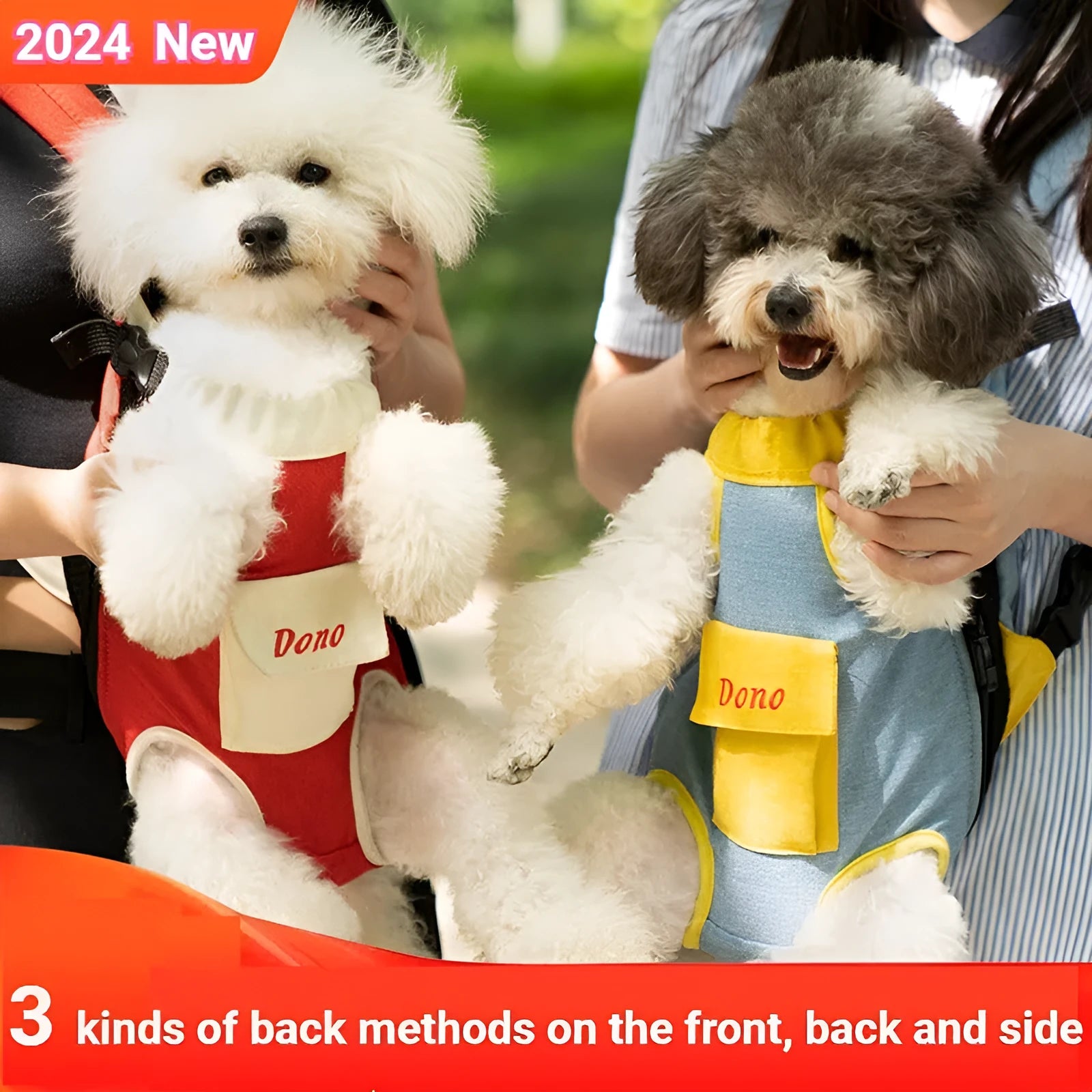 Blue and yellow adjustable pet sling carrier bag with mesh panels, worn on chest with a small dog inside.