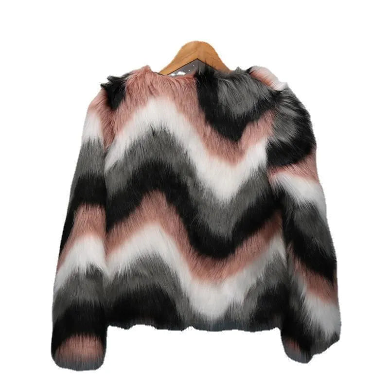 Korean style women's artificial fur short coat with O-neck and regular sleeves in picture colour