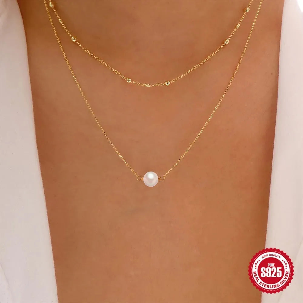 S925 sterling silver double layer necklace with twin pearls on a ball bead chain in gold or white gold colour