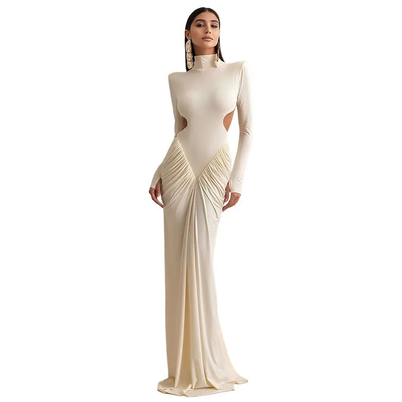Long sleeve high collar slim fit pleated backless dress in light apricot colour, showcasing private clothing socialite style