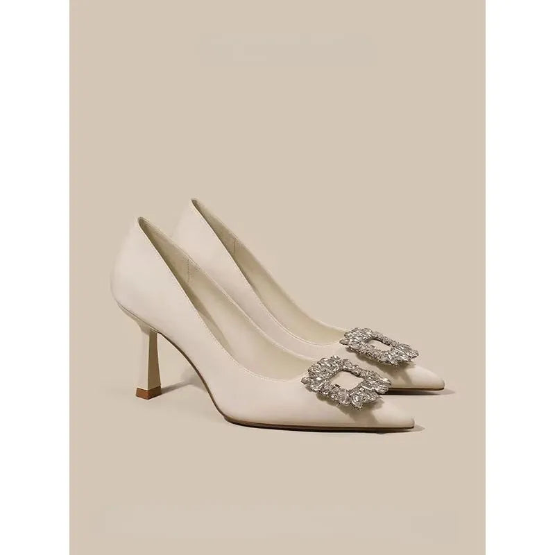 Women's creamy-white French pointed stiletto high heels with 3-5cm mid heel