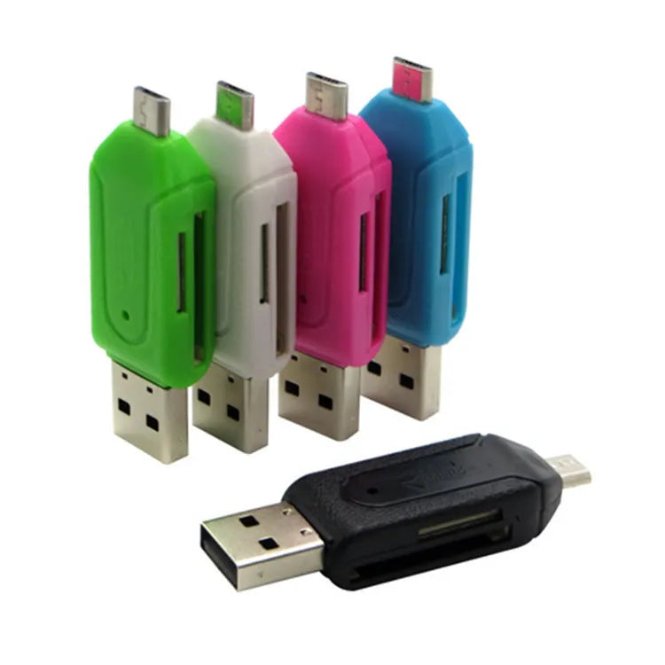 OTG dual-purpose card reader in white, pink, green, blue, or black with USB 2.0 and micro USB interfaces for SD and TF memory cards