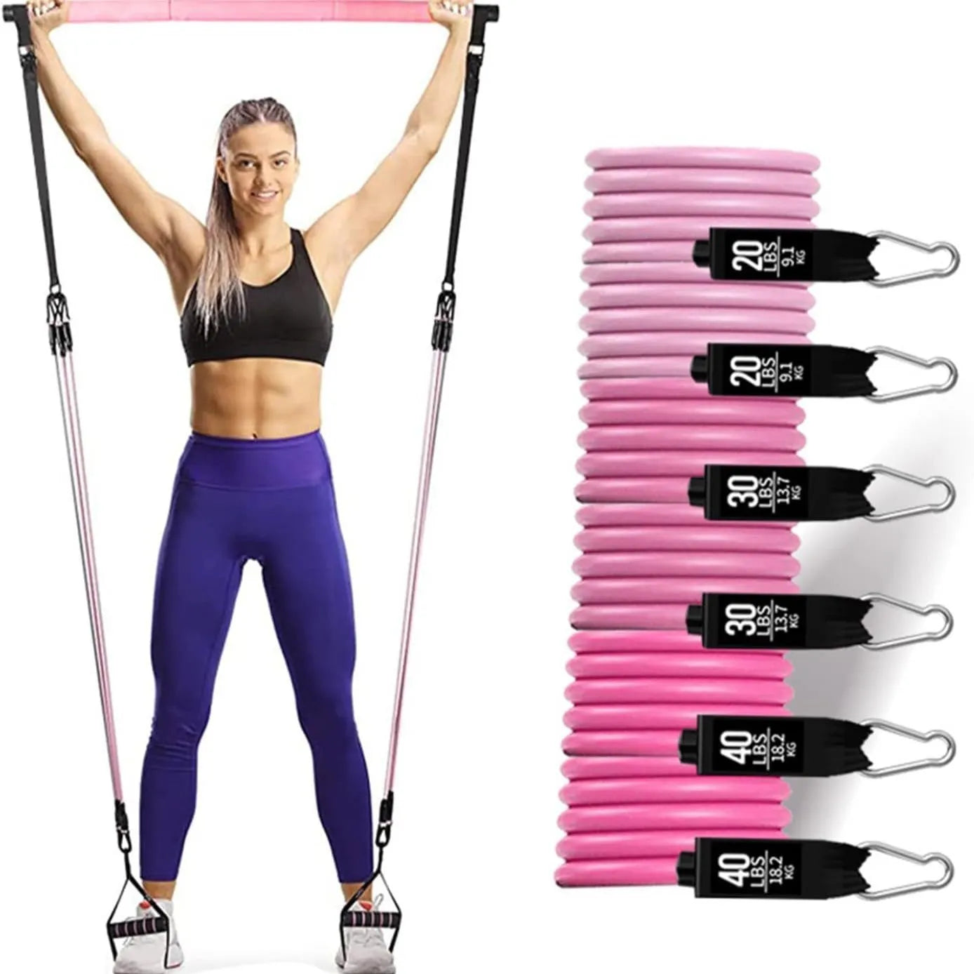 Yoga Gymnastic Bar 180 Pounds TPE resistance band set in pink or black for fitness training