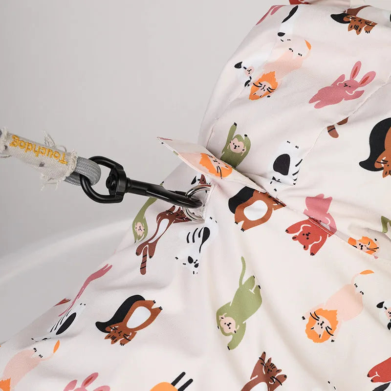 Beige cartoon dog raincoat with waterproof coating in cat head design