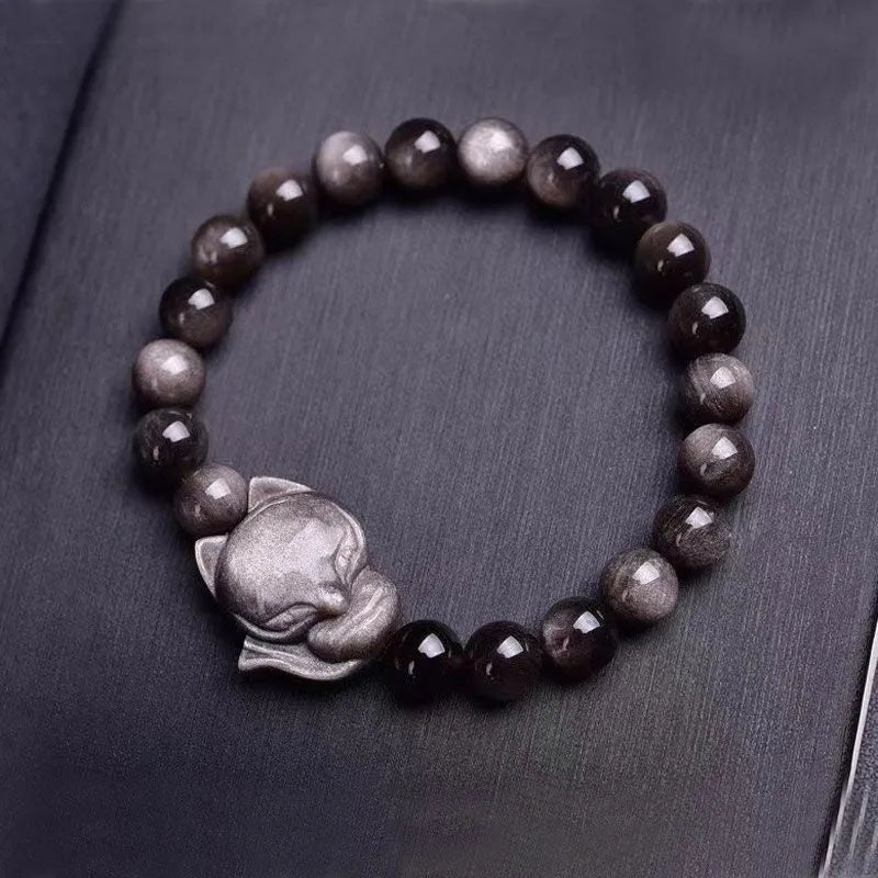Obsidian gemstone bracelet with 8mm fox head pendant and adjustable knot closure