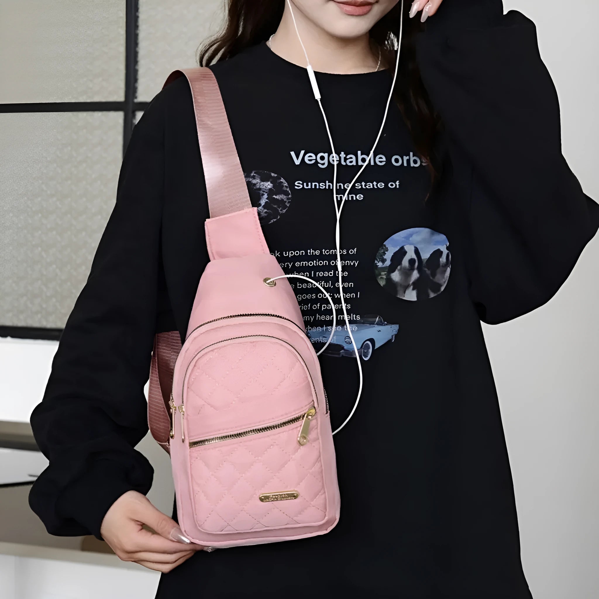 Girl's Oxford cloth crossbody chest bag in a solid colour with plaid detail