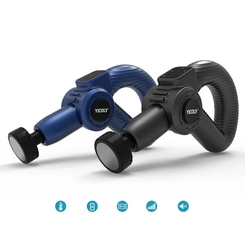Black Smart Muscle Massage Gun with adjustable hot and ice compress modes, five massage heads, and compact design
