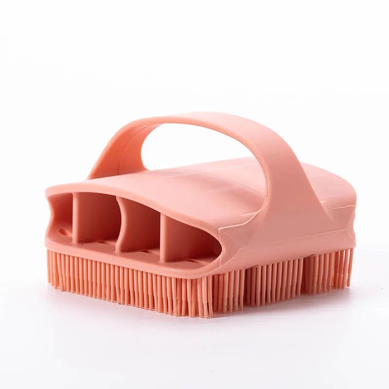 Blue silicone scalp massager brush with long bristles and a hand-through ergonomic handle.