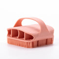 Blue silicone scalp massager brush with long bristles and a hand-through ergonomic handle.