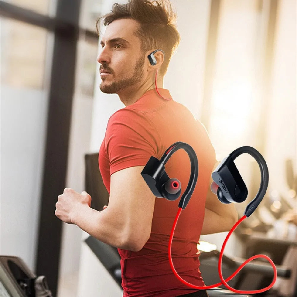 Wireless neck mounted Bluetooth earphones in black showing neckband design with earpieces and USB charging cable