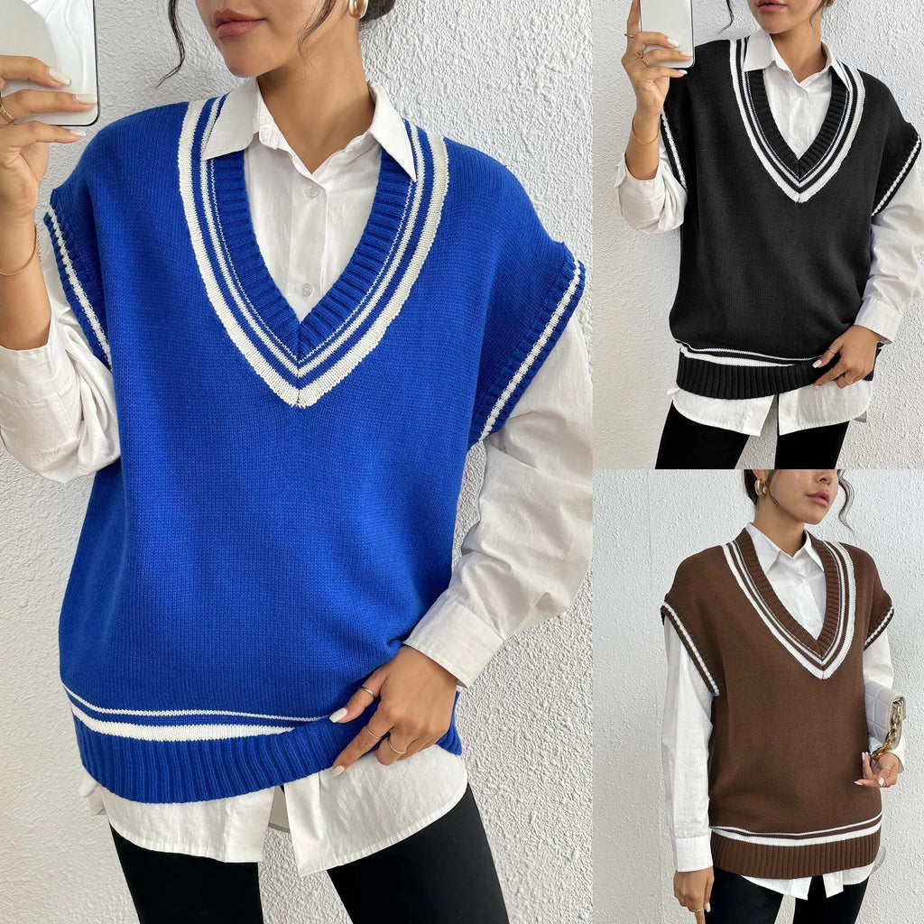 Women's casual wool vest sweater in loose fit with free size design, available in blue, coffee, and black colour options
