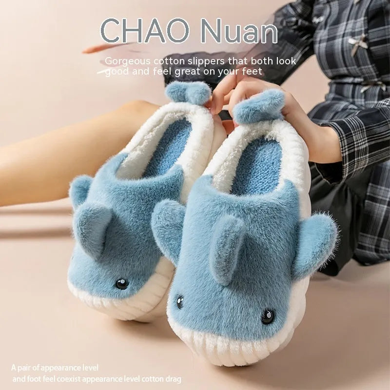 Women's shark slippers with fluffy upper and thick sole, available in black, sky blue, and brown.