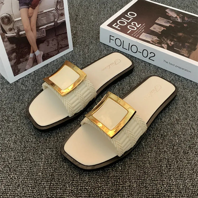 Women's flat summer slippers in apricot colour with a casual design and PVC sole.