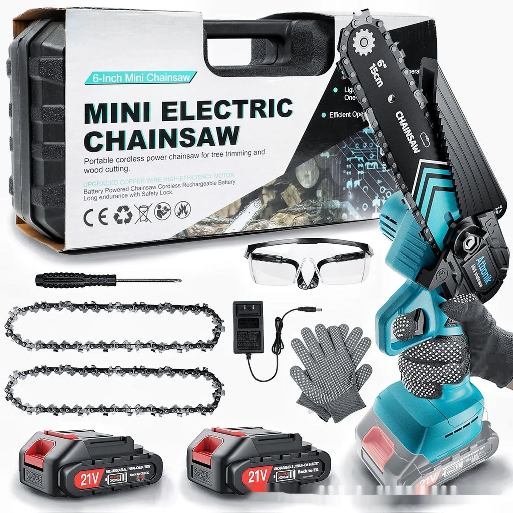 Handheld wireless electric chainsaw with 6-inch cutting chain, two batteries, safety goggles, and storage box