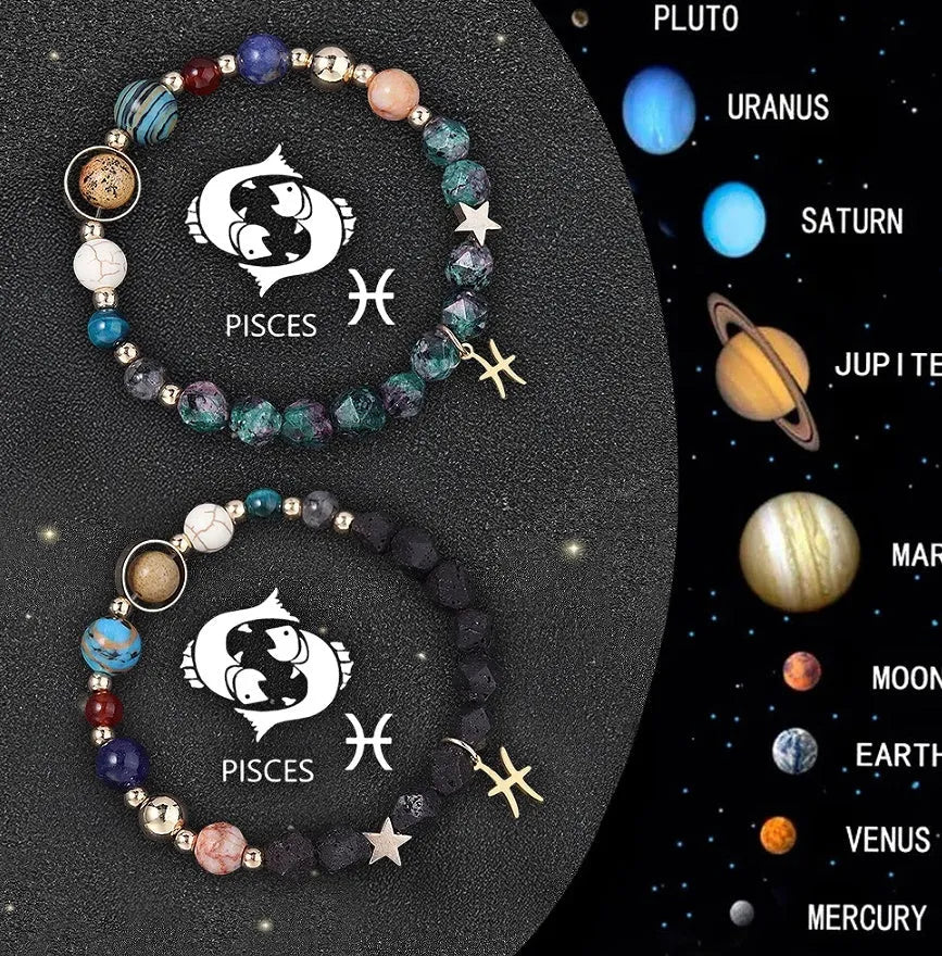 Twelve zodiac sign beaded bracelets with 8mm natural stone beads on elasticated cords