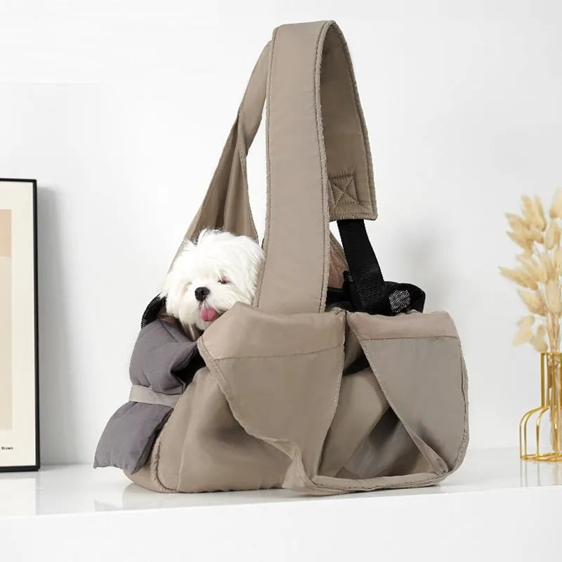 Apricot cloth pet handbag with dimensions 41x16x28cm showing adjustable straps and breathable fabric construction