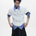 Men's loose fit cartoon printed short sleeve shirt in blue and white colour options