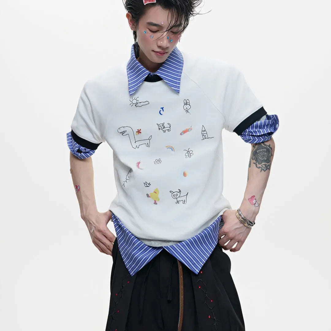 Men's loose fit cartoon printed short sleeve shirt in blue and white colour options