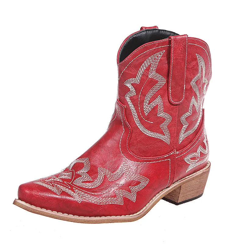 Women's blue cowboy boots with embroidery, wedge heel, and pointed toe on a neutral background