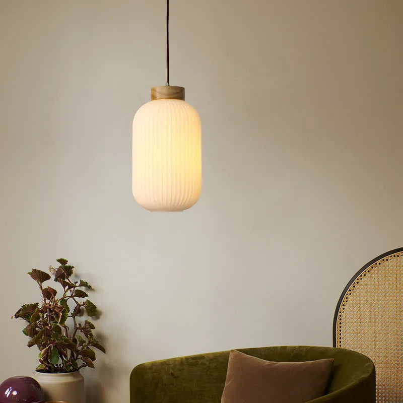 Natural wood retro Nordic pendant ceiling light with a vintage-style open shade.