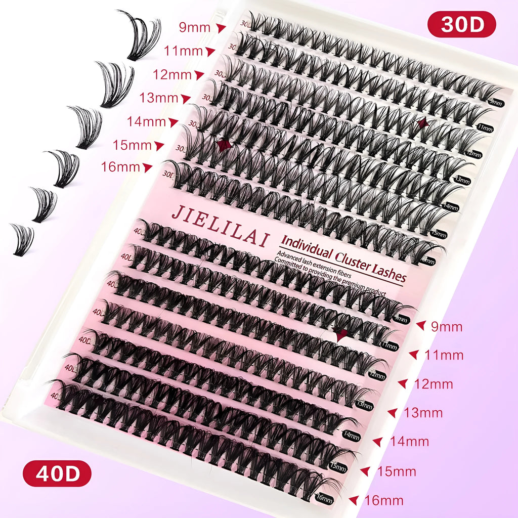 Mixed package of DIY cluster false eyelashes in 30D and 40D densities with tweezers, lengths 9-16mm.