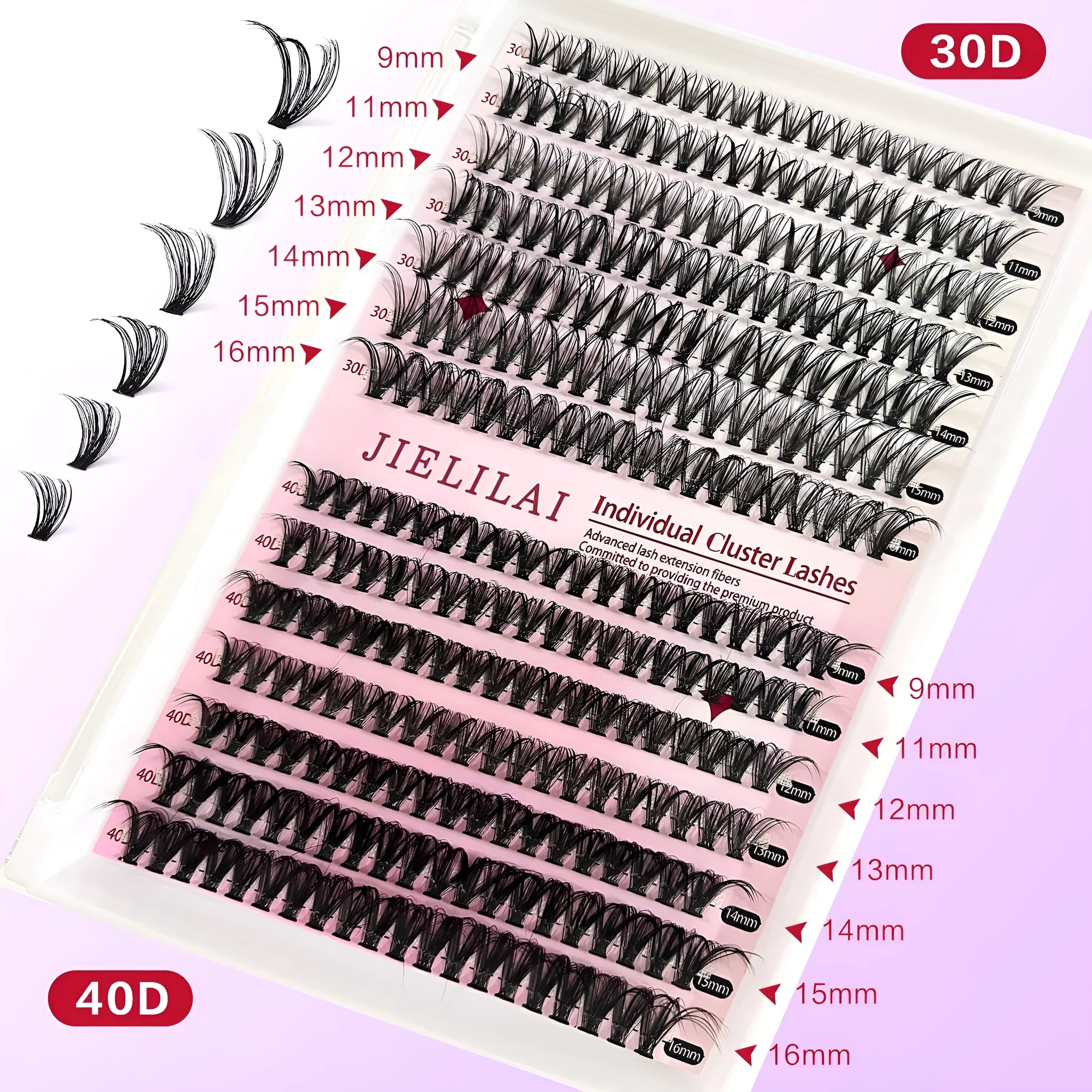 Mixed package of DIY cluster false eyelashes in 30D and 40D densities with tweezers, lengths 9-16mm.