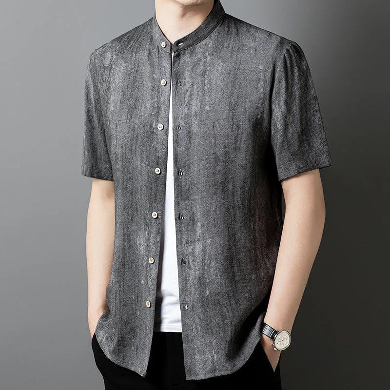 Men's loose fit linen blend shirt with a stand collar in black grey colour.