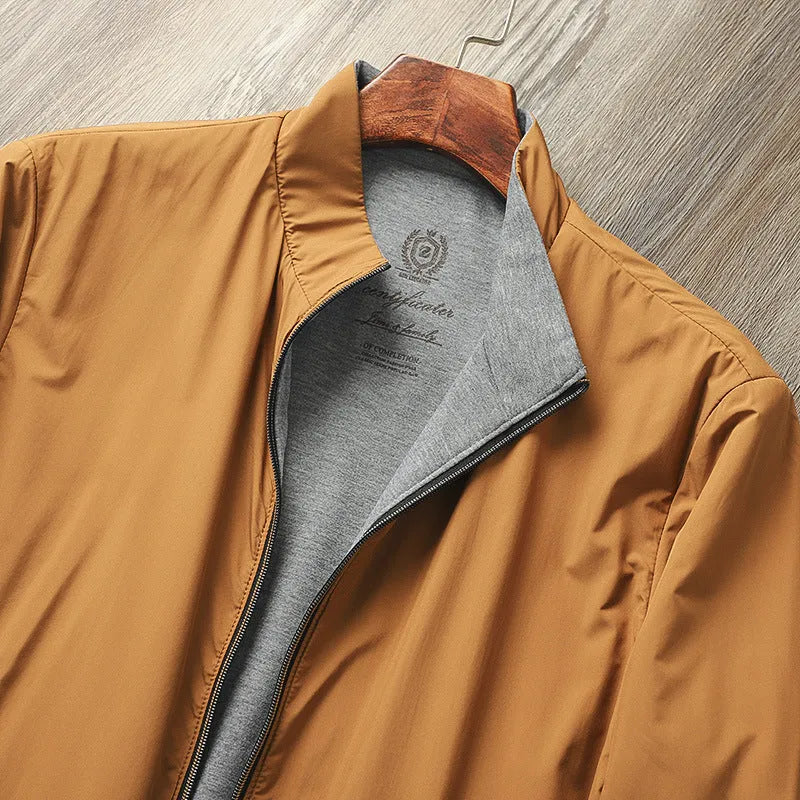 Men's Army Green stand collar casual jacket on a hanger, showing button front and regular sleeve cut.