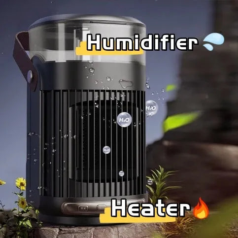 Black portable heater and humidifier with 2000W PTC heating, 24cm compact size, front-panel controls, and shaking head air supply