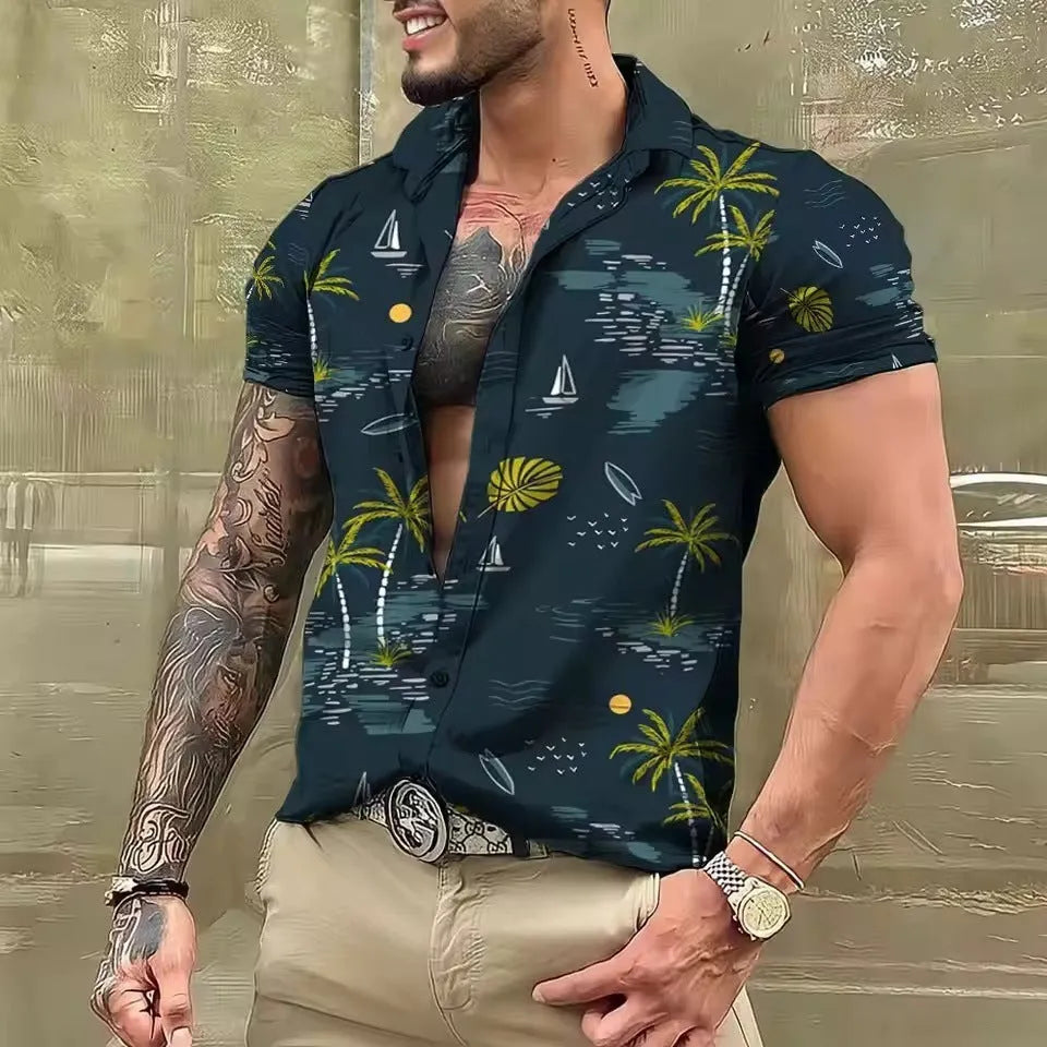 Men's loose fit short sleeve shirt with a colourful floral print, laid flat.