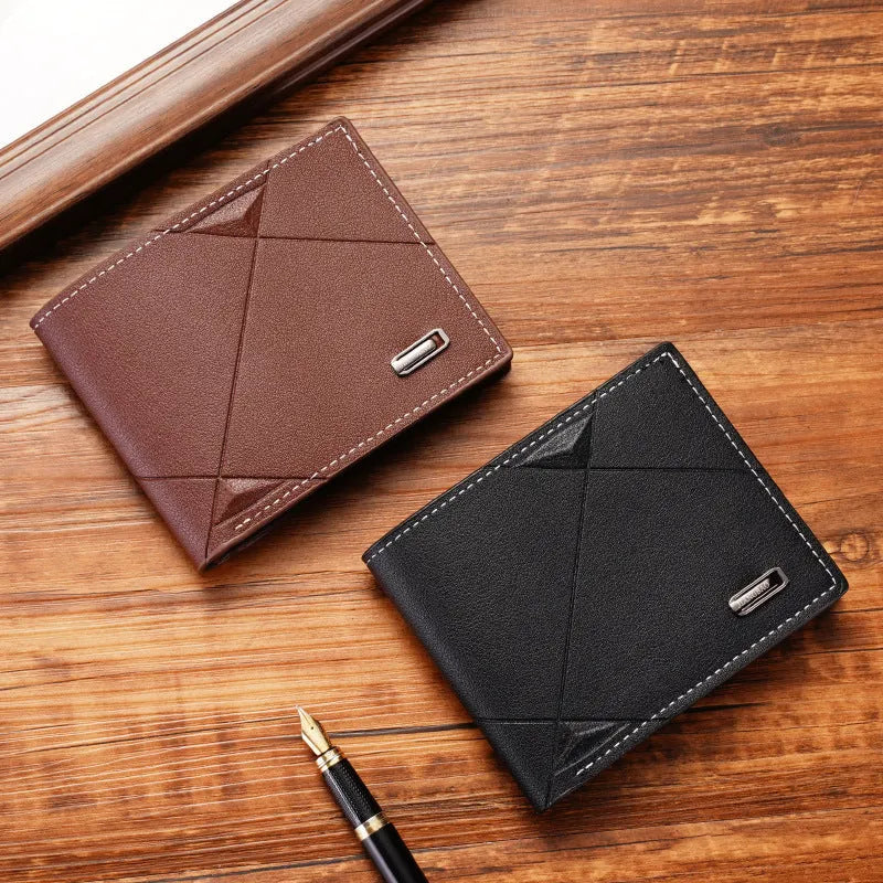Men's thin black three-fold horizontal PU leather wallet showing multiple card slots
