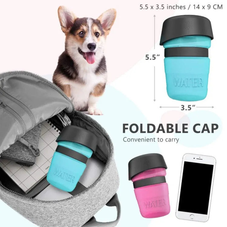 Blue portable dog water bottle with fold-out drinking cup, 520ml capacity.