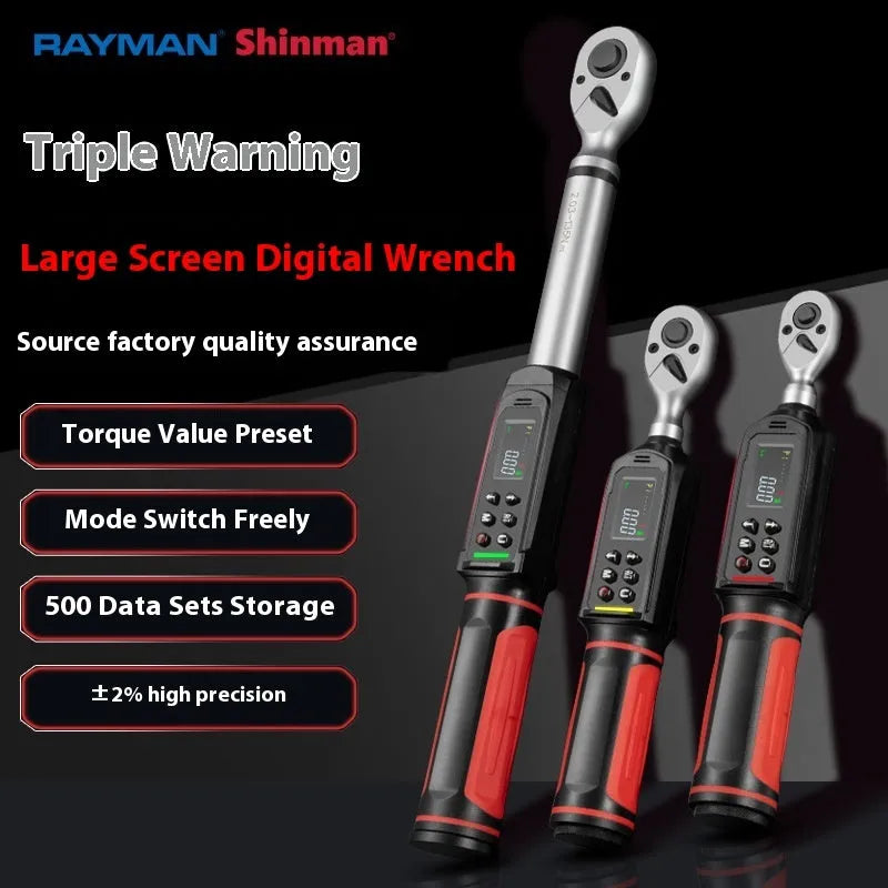 Electronic digital display torque wrench showing torque measurement with triple warning indicators