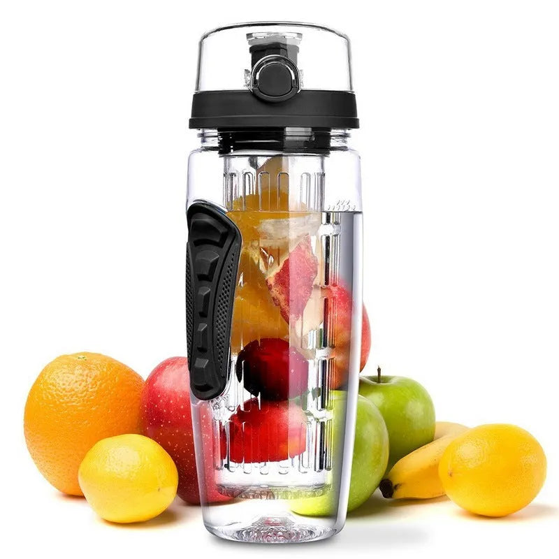 32oz BPA-free plastic water bottle with fruit infuser insert and leak-proof sports cap