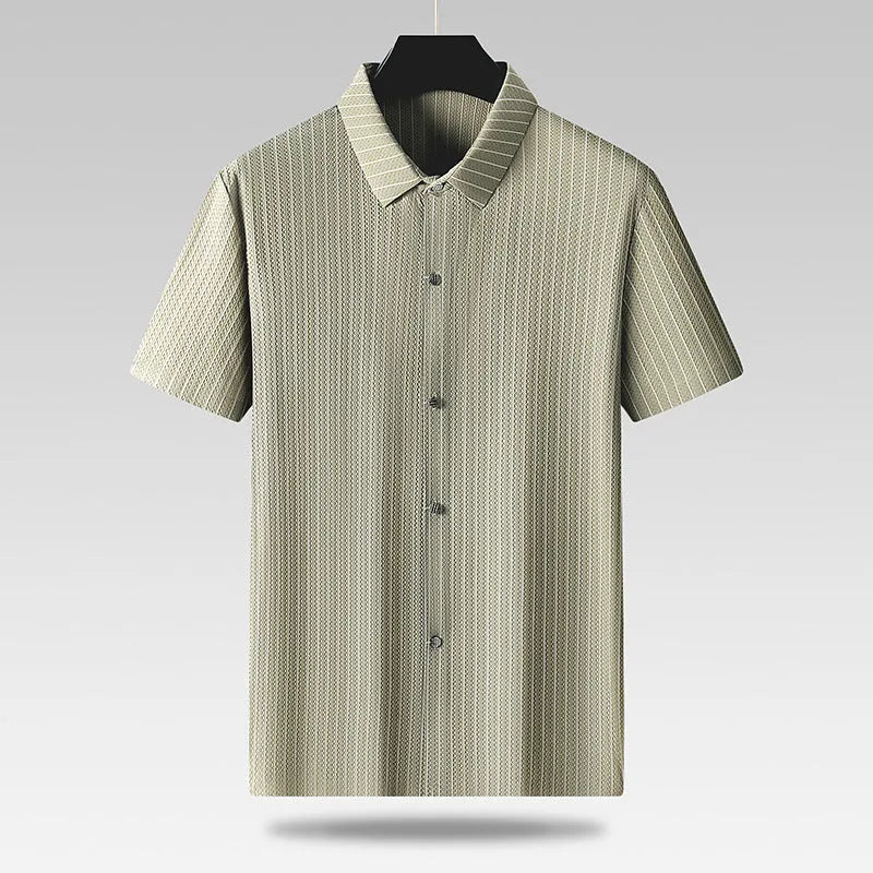 Men's plus-sized black striped ice silk shirt with square collar loose fit casual style