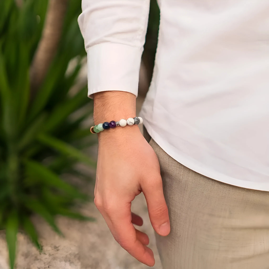 Women's flat knot braided healing bracelet with geometric texture and gemstone beads