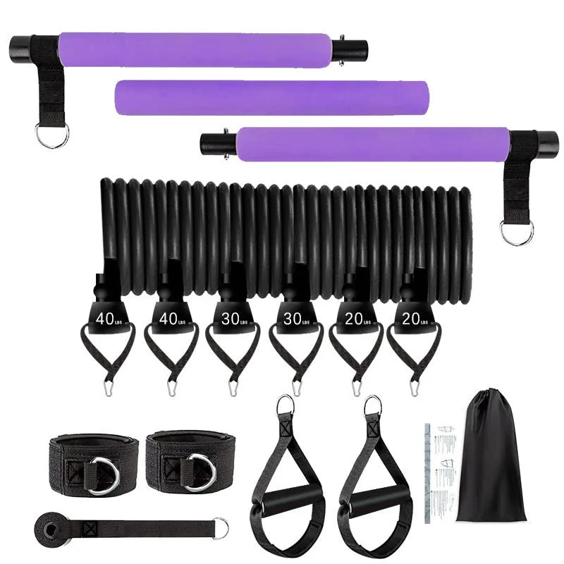 Women's 11-piece fitness stick set with TPE resistance ropes in pink purple black colours