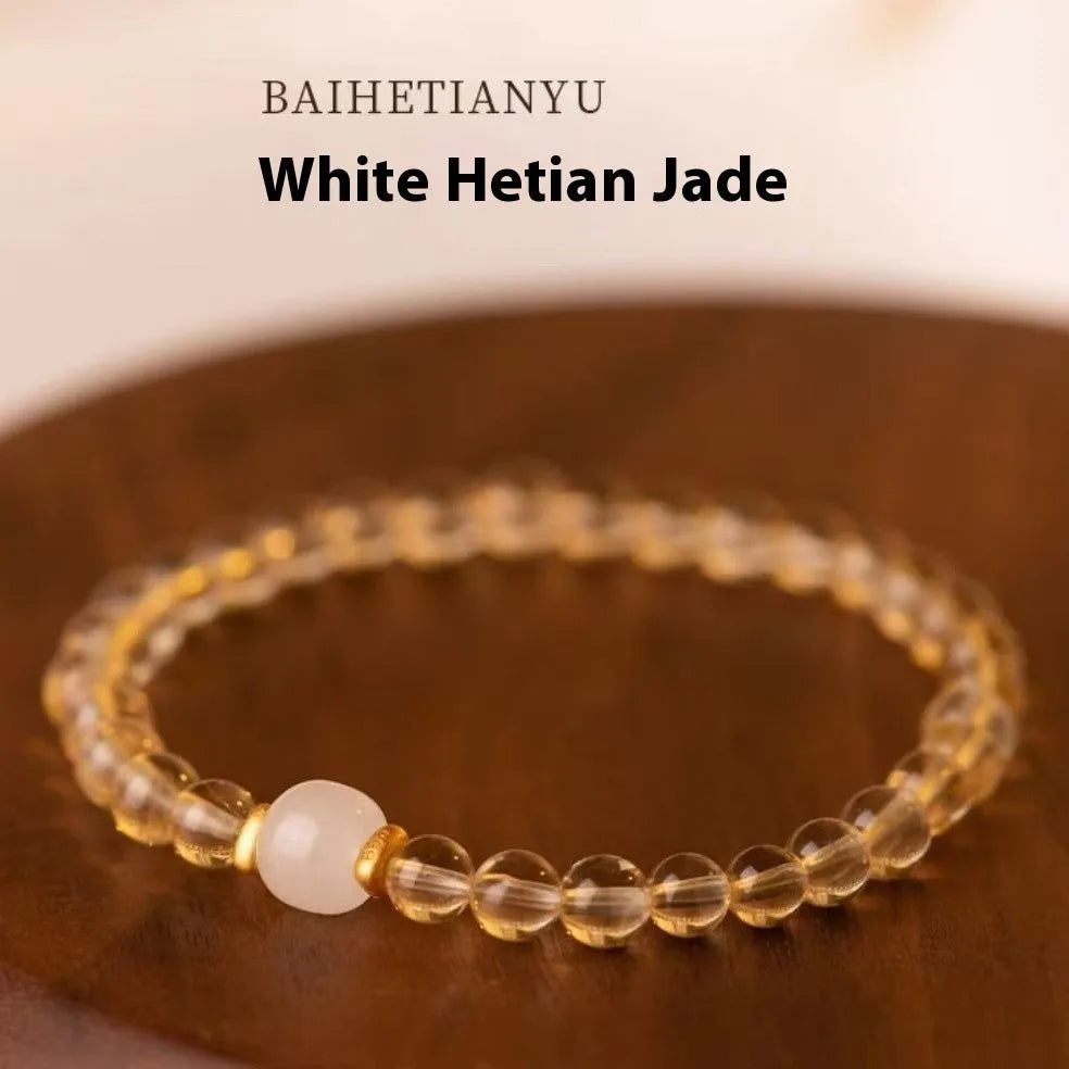 Manual bracelet with Brazilian rutilated quartz and Hetian jade in green or white colour options