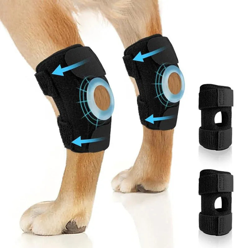 Black dog leg guard with adjustable straps for joint support during ACL tear recovery