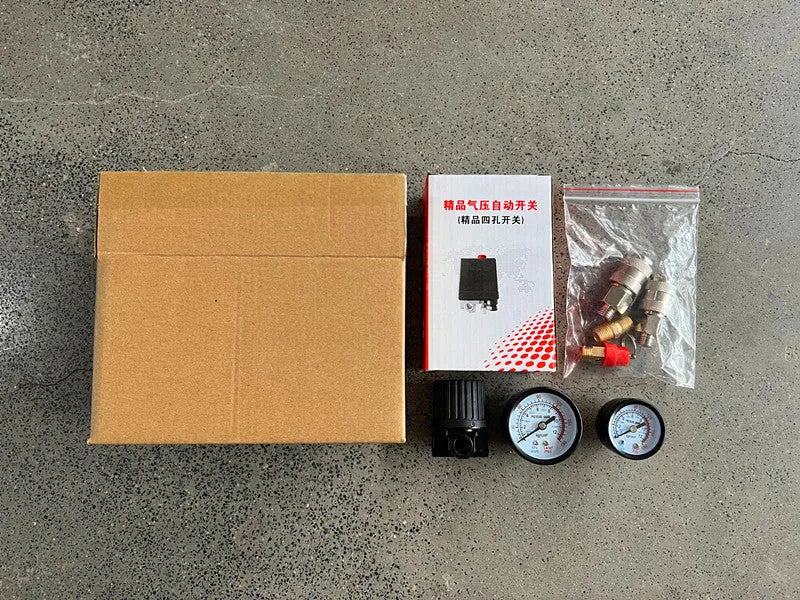 European style air compressor pressure regulating valve assembly with switch box and connectors