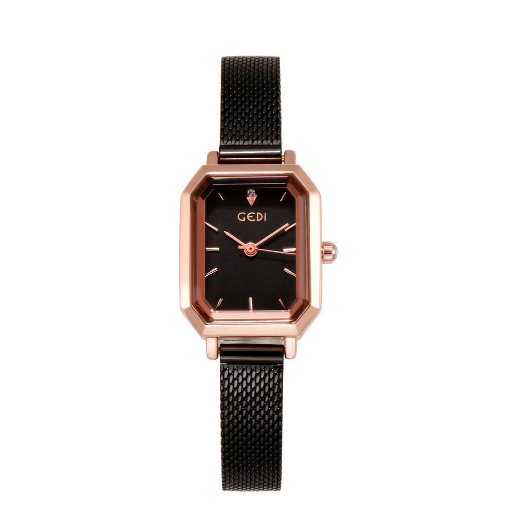Women's square retro watch with rose shell case and slim 8mm thickness on wrist