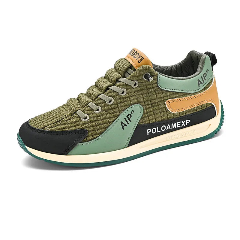 Men's grey and green mesh running shoes with low-top design and round toe