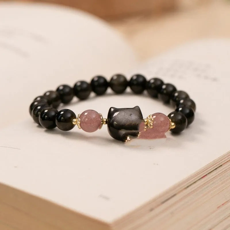 Black obsidian gemstone bracelet with 8mm beads and silver kitty charm accessories