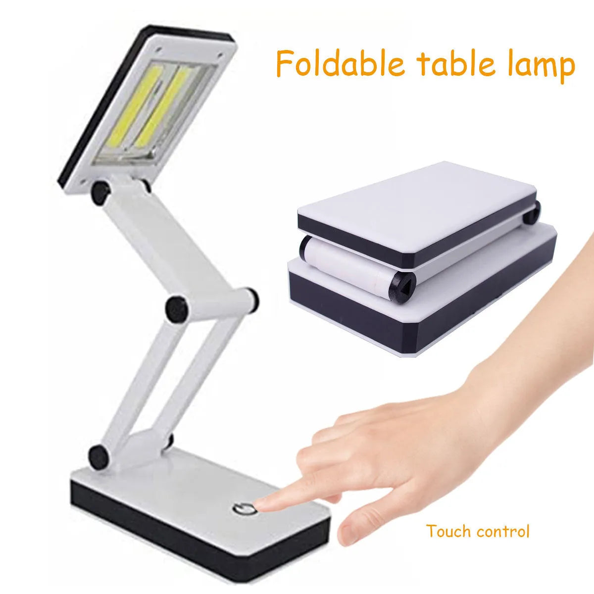 COB folding desk lamp, black and white, 120 lumens, touch dimming, USB or battery, 13.3 × 7.2 × 28 cm