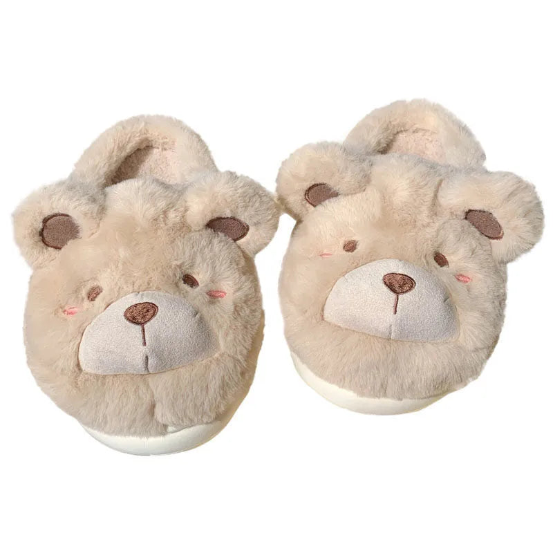 Women's cartoon pattern baotou plush sliders in khaki, available in UK sizes 36-41.