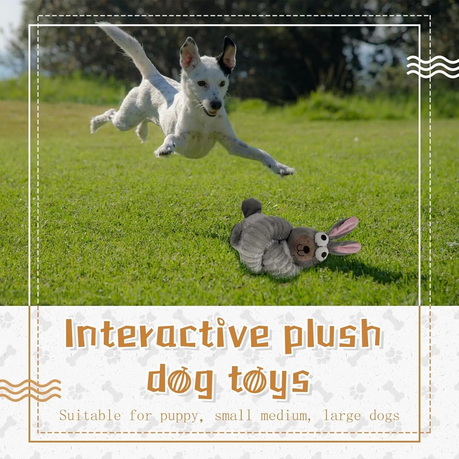 Plush squeaky dog toy with crinkle sounds for small medium large dogs in brown grey yellow colours