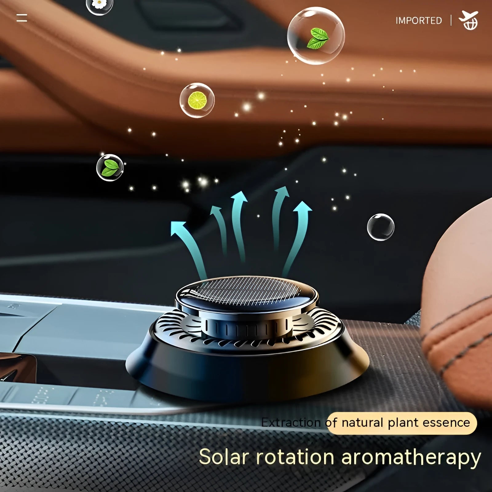 Solar-powered black plastic car aromatherapy ornament with de-icing function on a car dashboard.