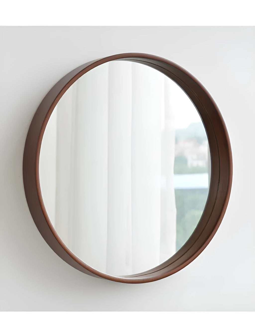 Round walnut-coloured solid wood hanging mirror with 30cm diameter and silvered glass