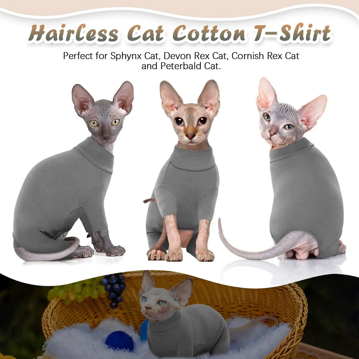 A grey turtleneck sweater for a Sphynx cat, showing the sleeves, leg holes, and pullover design.